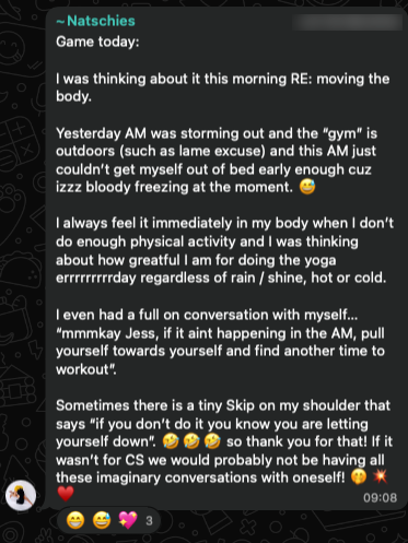 WhatsApp message from Nataschies about staying committed to daily movement and the impact of Club Supercharge.
