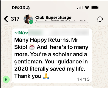 WhatsApp message from Nav thanking Skip: 'Your guidance in 2020 literally saved my life.'