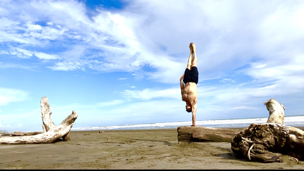 Skip Archimedes holding a one-arm handstand on driftwood on an empty beach